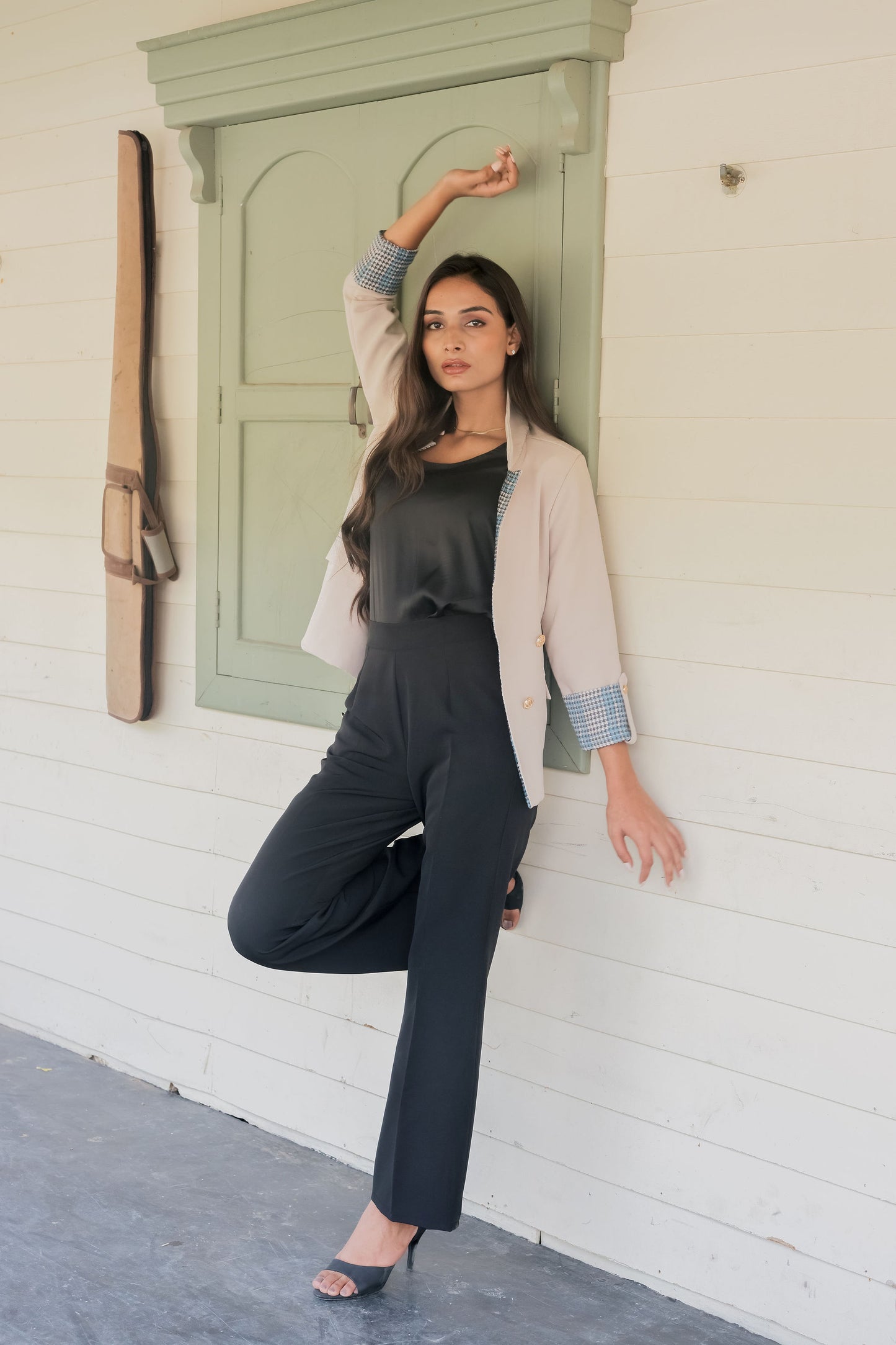 Cream crepe coat with houndstooth detailing and gold buttons & Pants Co ord set  EWCO0041-CRMPT