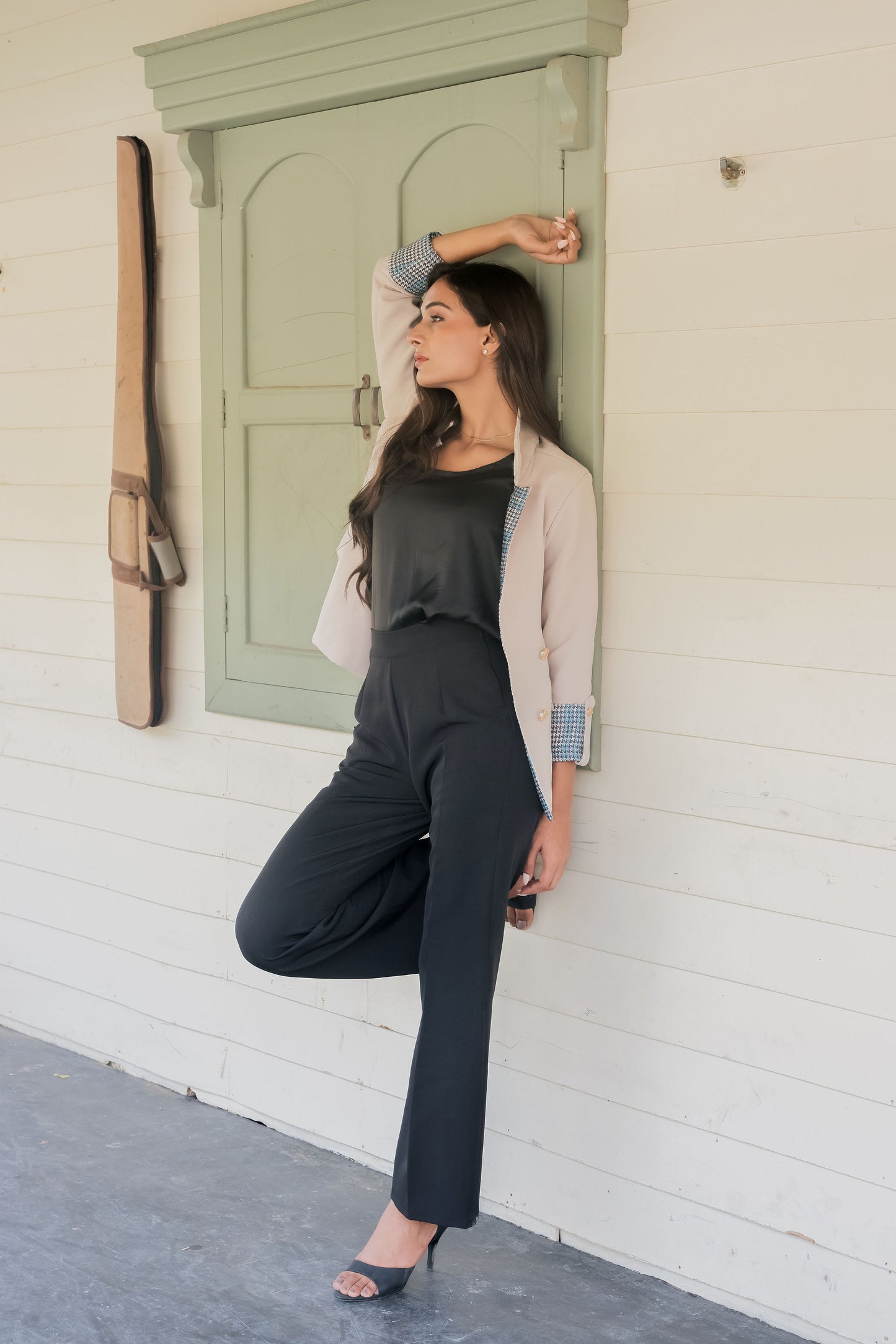 Cream crepe coat with houndstooth detailing and gold buttons EWCT0016-CRMGB