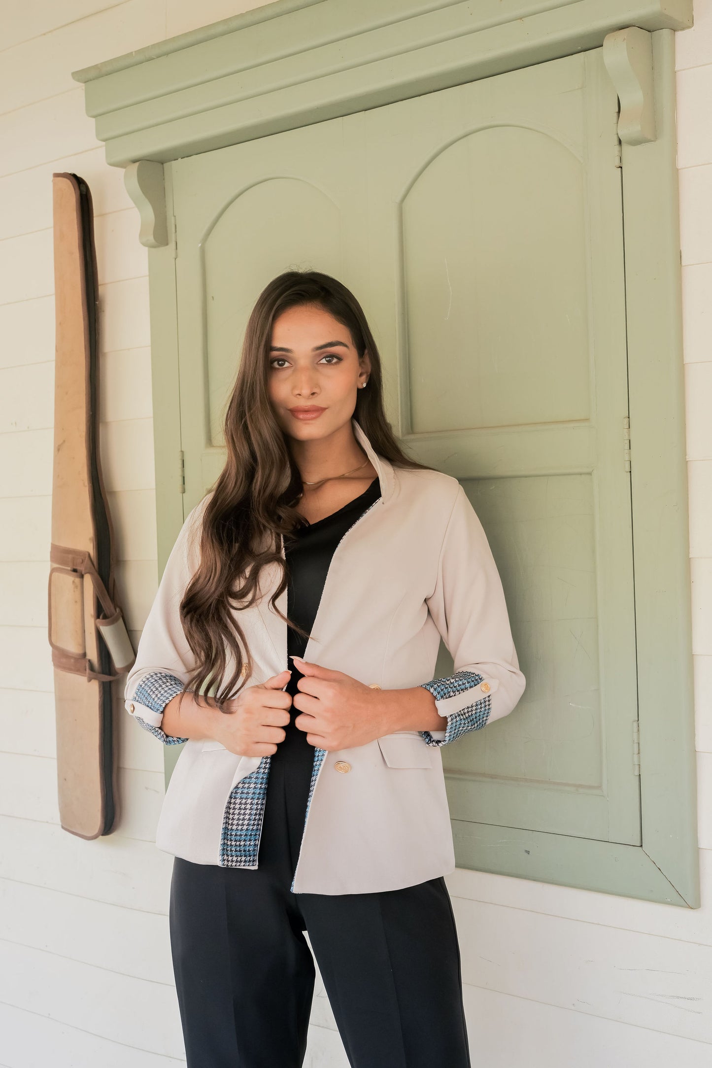 Cream crepe coat with houndstooth detailing and gold buttons EWCT0016-CRMGB