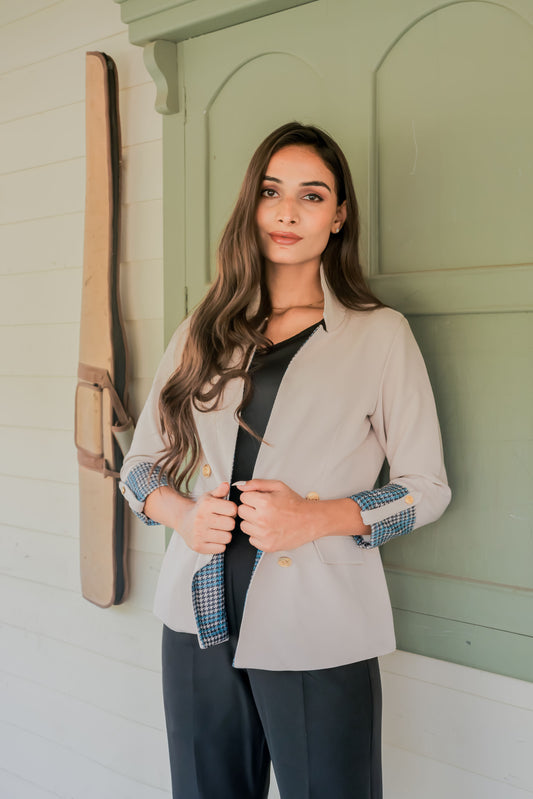 Cream crepe coat with houndstooth detailing and gold buttons EWCT0016-CRMGB