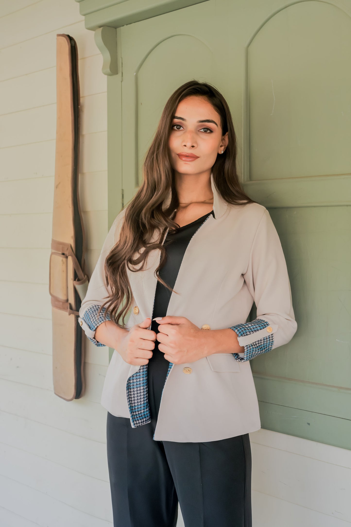 Cream crepe coat with houndstooth detailing and gold buttons & Pants Co ord set  EWCO0041-CRMPT