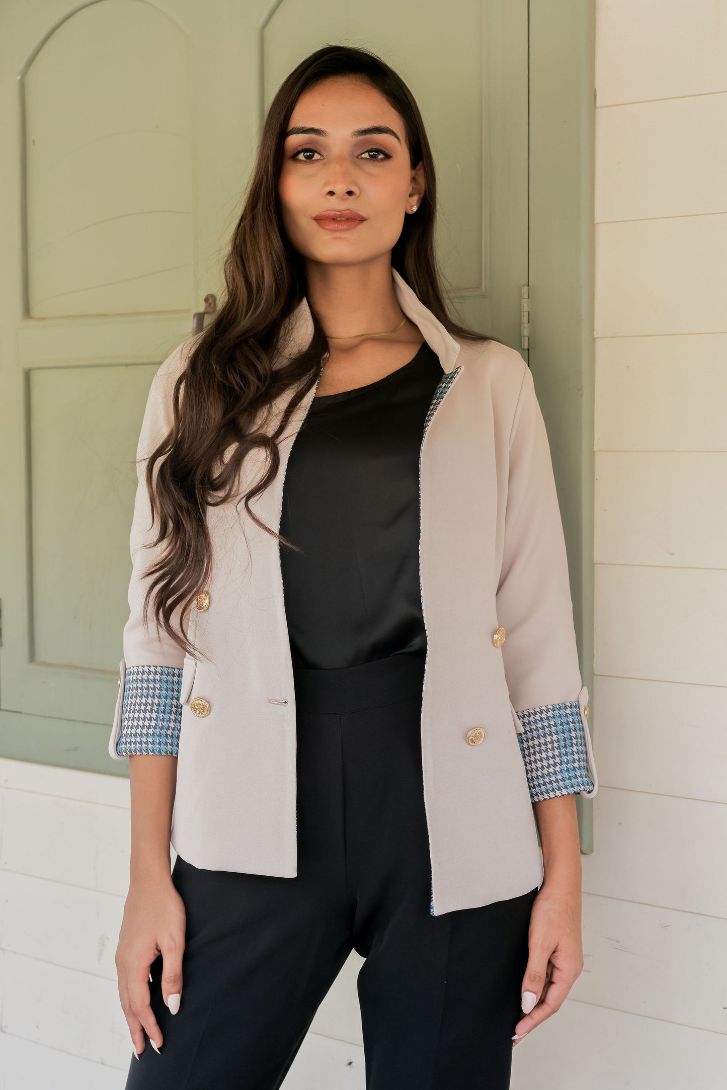 Cream crepe coat with houndstooth detailing and gold buttons EWCT0016-CRMGB