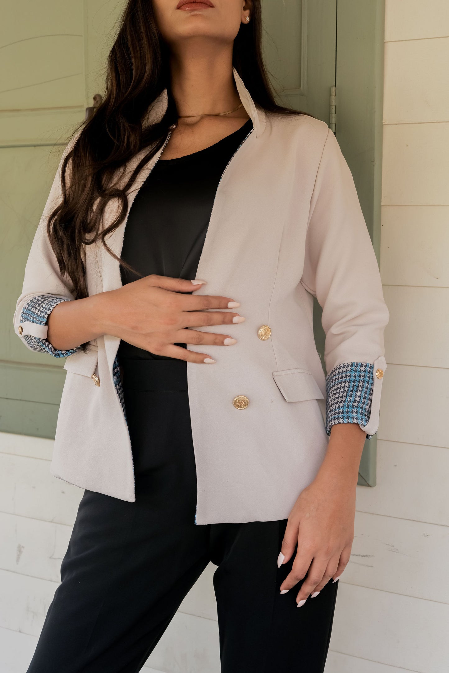 Cream crepe coat with houndstooth detailing and gold buttons & Pants Co ord set  EWCO0041-CRMPT