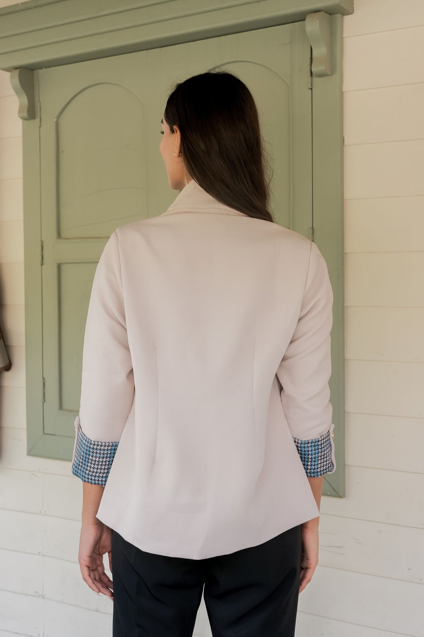 Cream crepe coat with houndstooth detailing and gold buttons & Pants Co ord set  EWCO0041-CRMPT