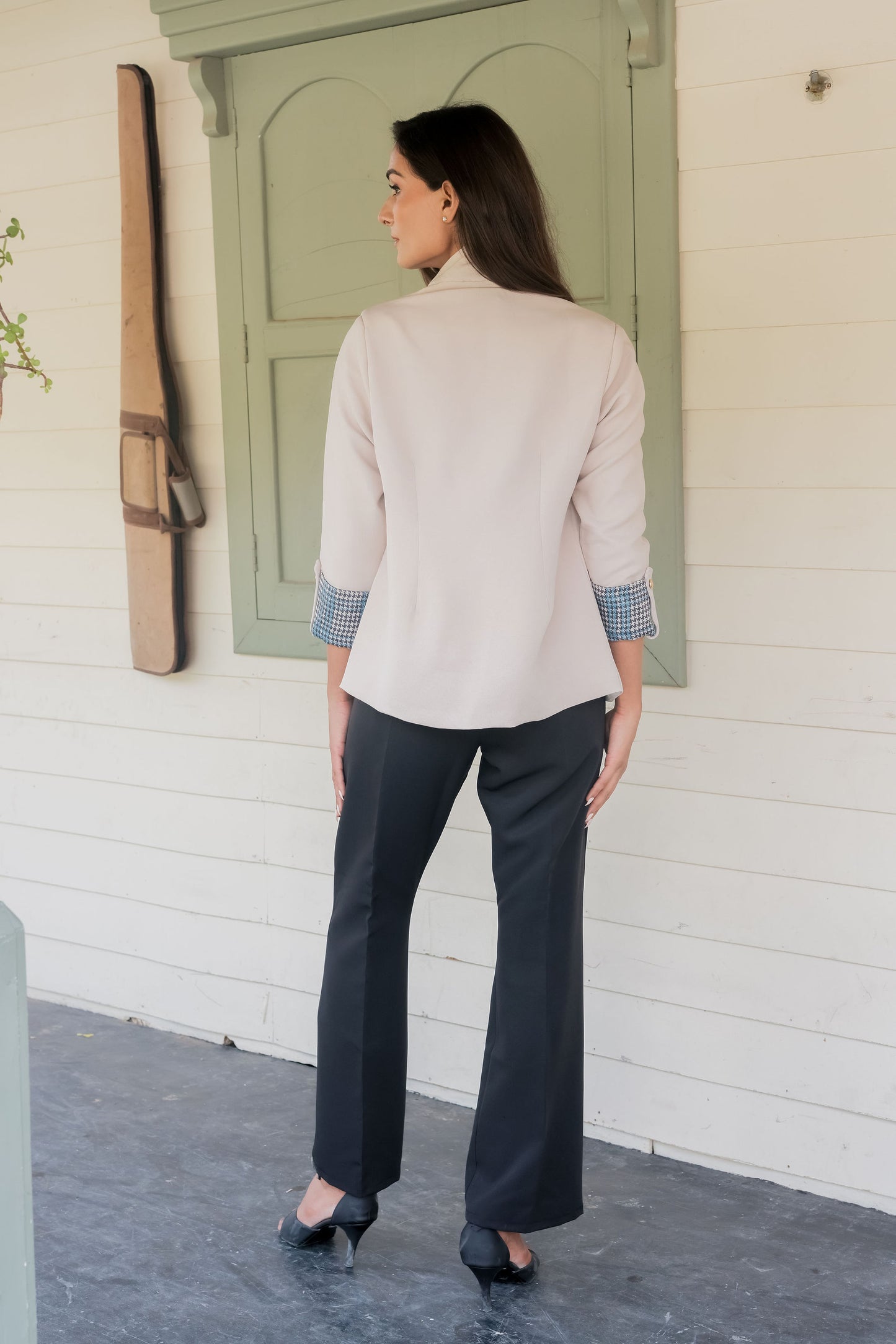 Cream crepe coat with houndstooth detailing and gold buttons & Pants Co ord set  EWCO0041-CRMPT