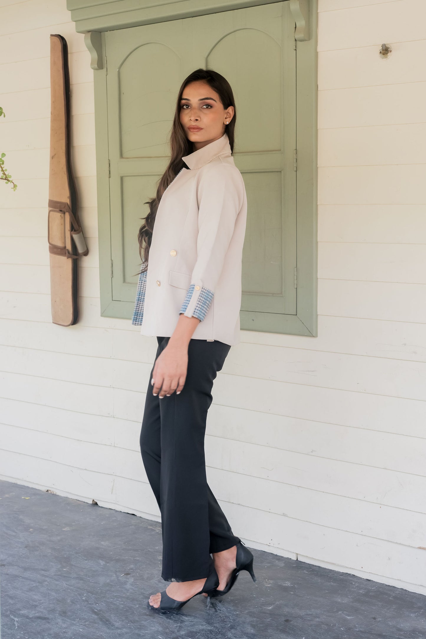 Cream crepe coat with houndstooth detailing and gold buttons & Pants Co ord set  EWCO0041-CRMPT