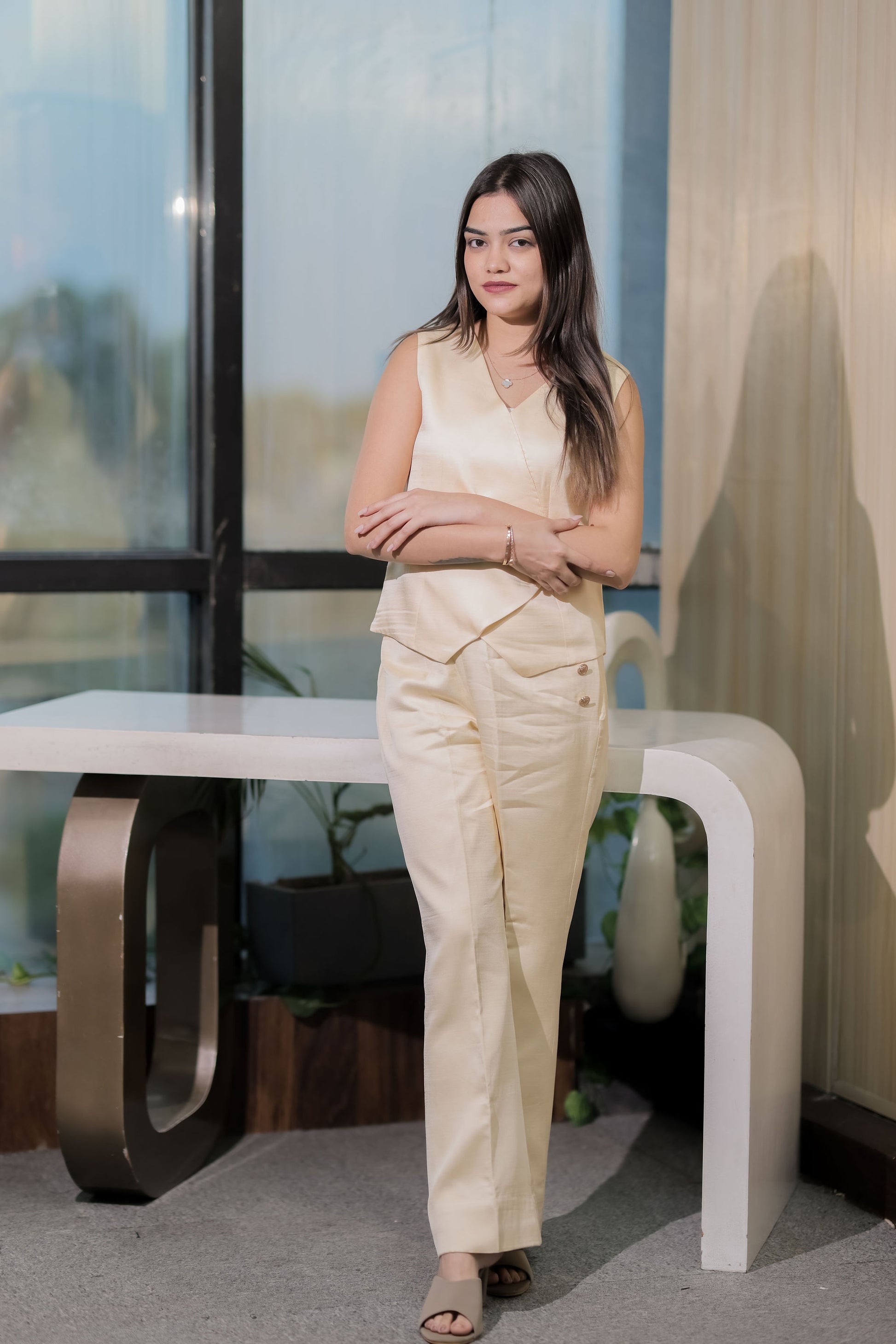 Cream Linen Co ord set with gold Applique - esseneur.