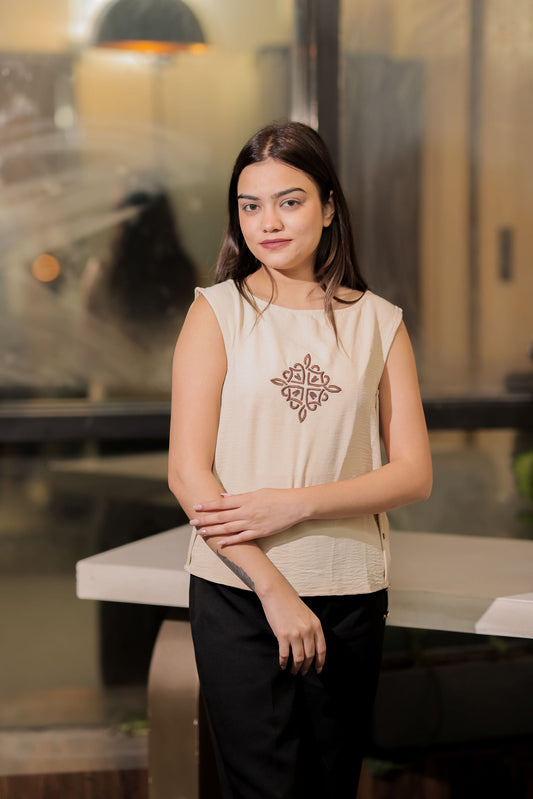 Cream linen with brown embroidery top EWTP0037-CREEB