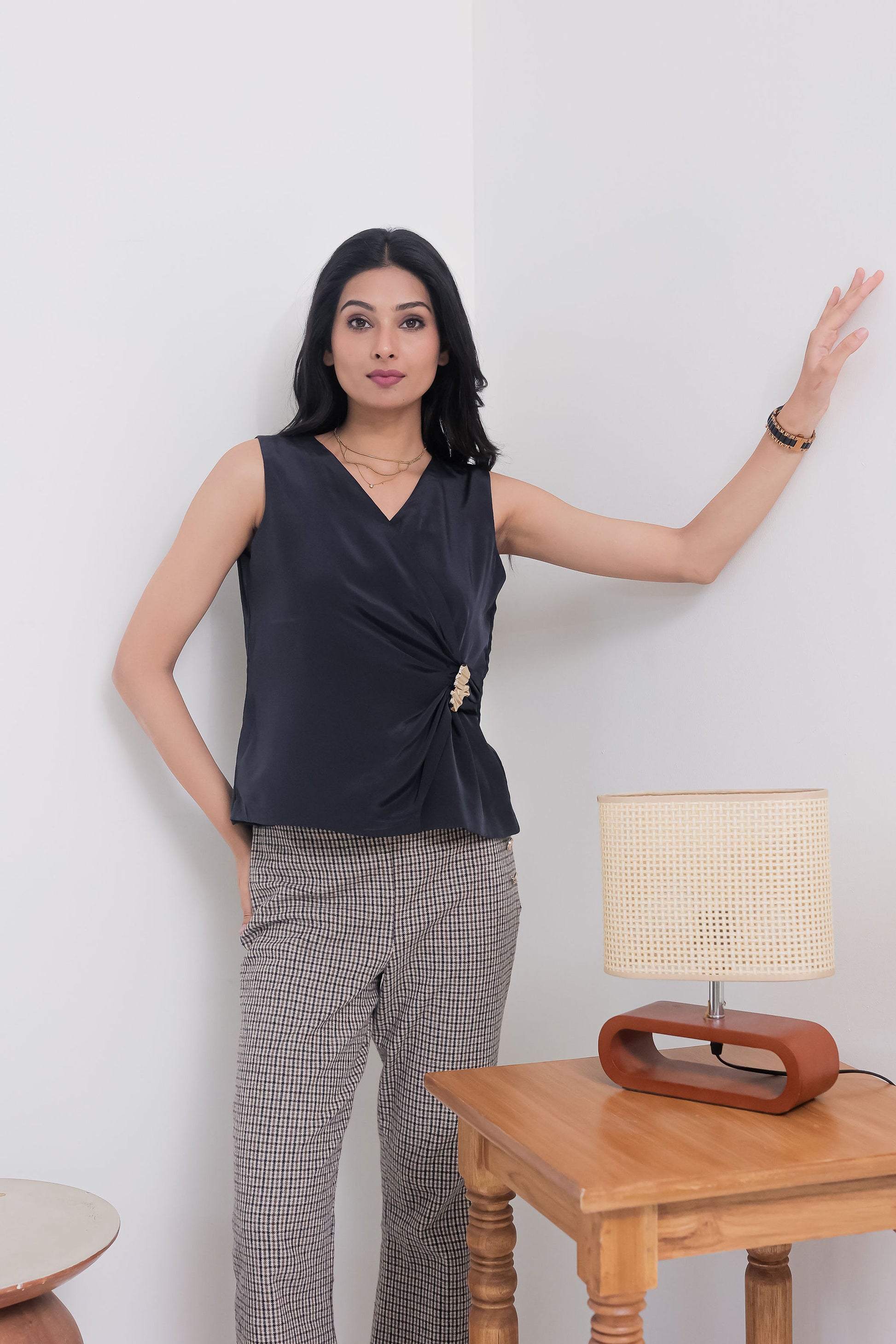 Blue top with gold applique on waist - esseneur.