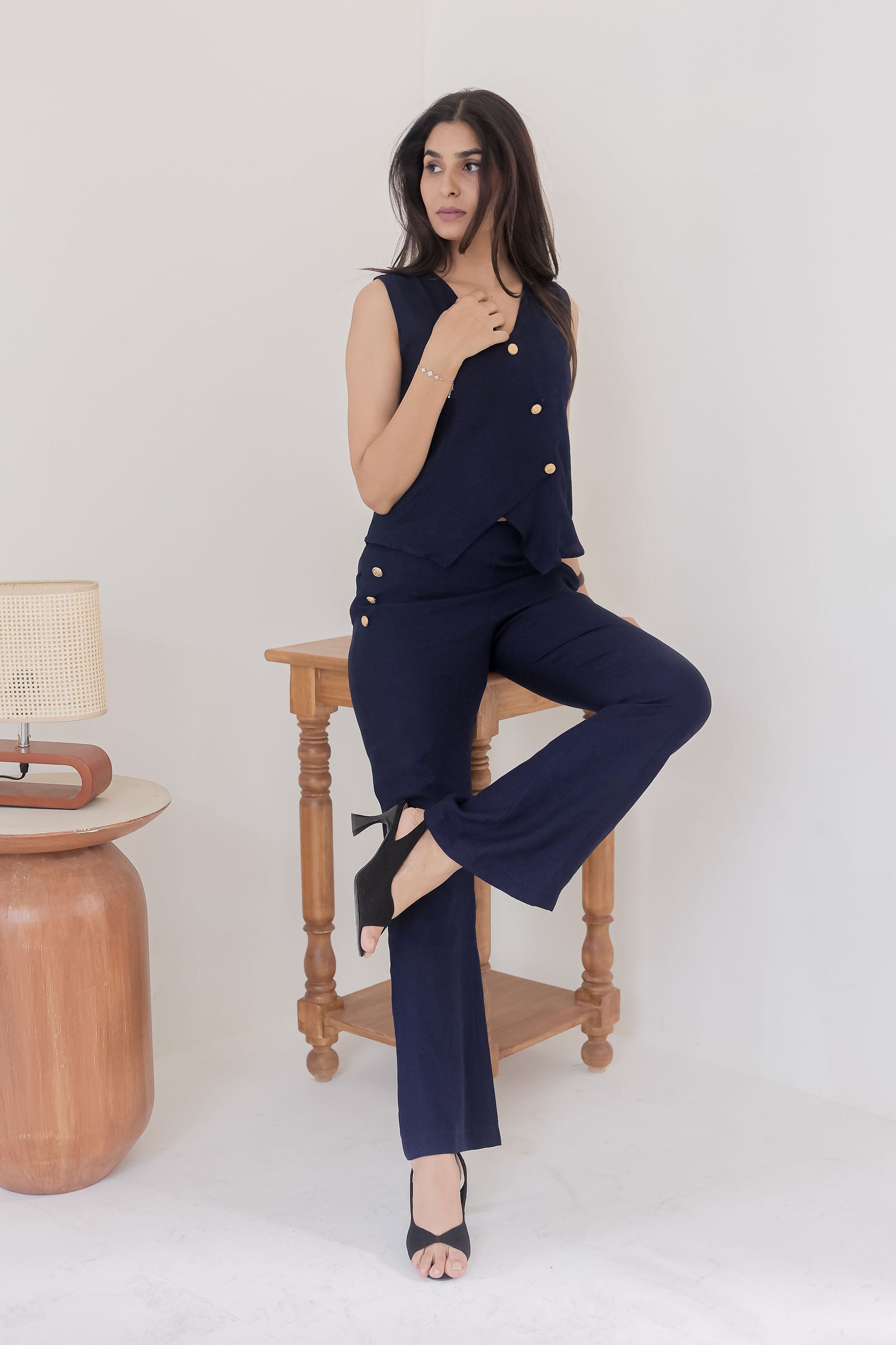Navy co ord set with gold buttons-esseneur