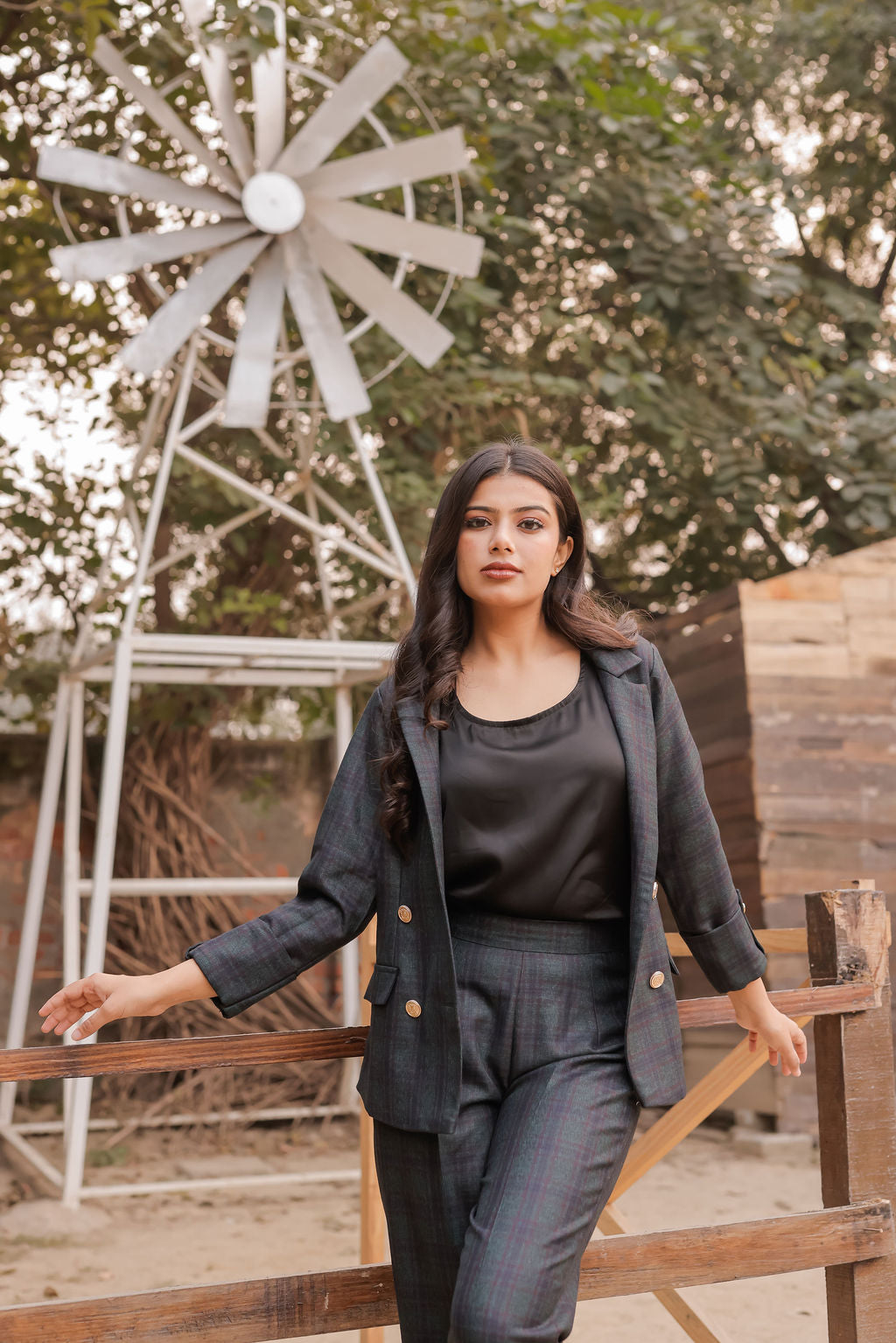 Green & Blue tweed fabric coat with gold buttons detailing EWCT0012-GRNGB