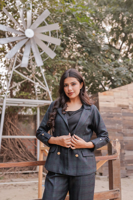 Green & Blue tweed fabric coat with gold buttons detailing EWCT0012-GRNGB