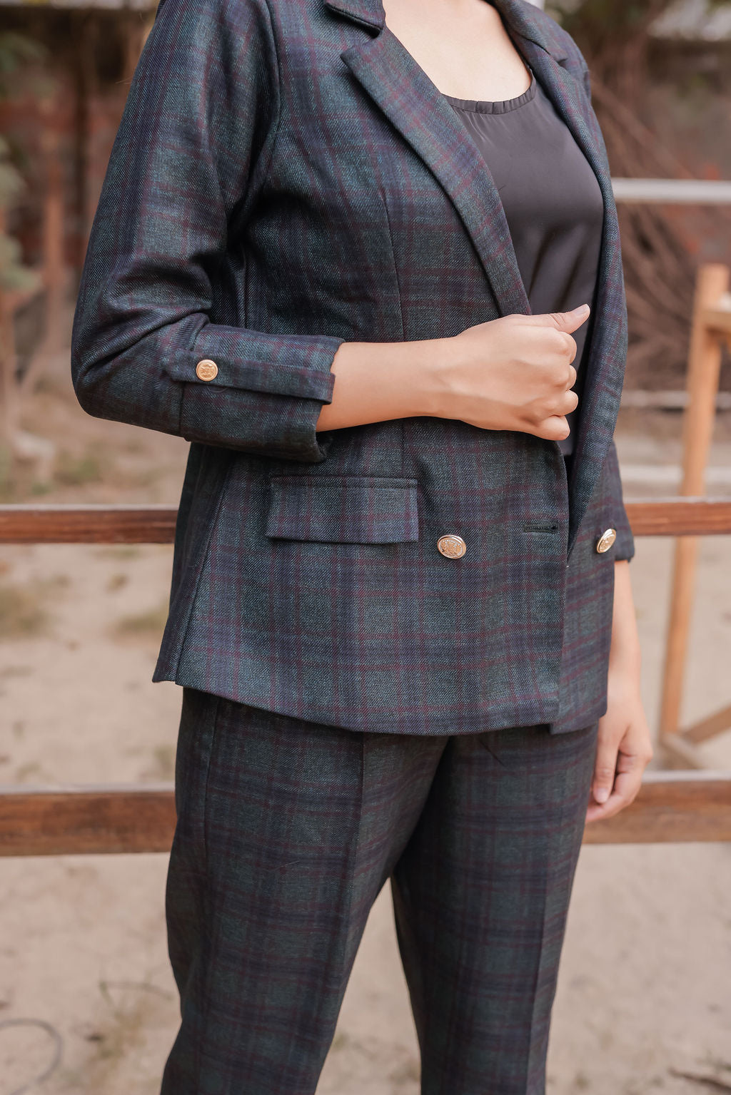 Green & Blue tweed fabric coat with gold buttons detailing EWCT0012-GRNGB