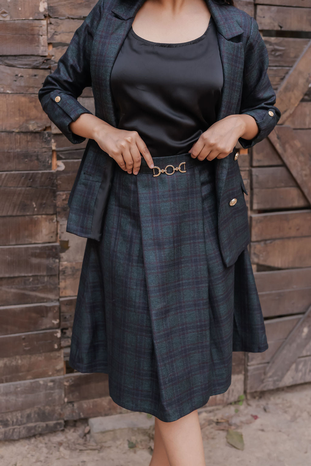 Green & Blue tweed fabric coat with gold buttons detailing EWCT0012-GRNGB