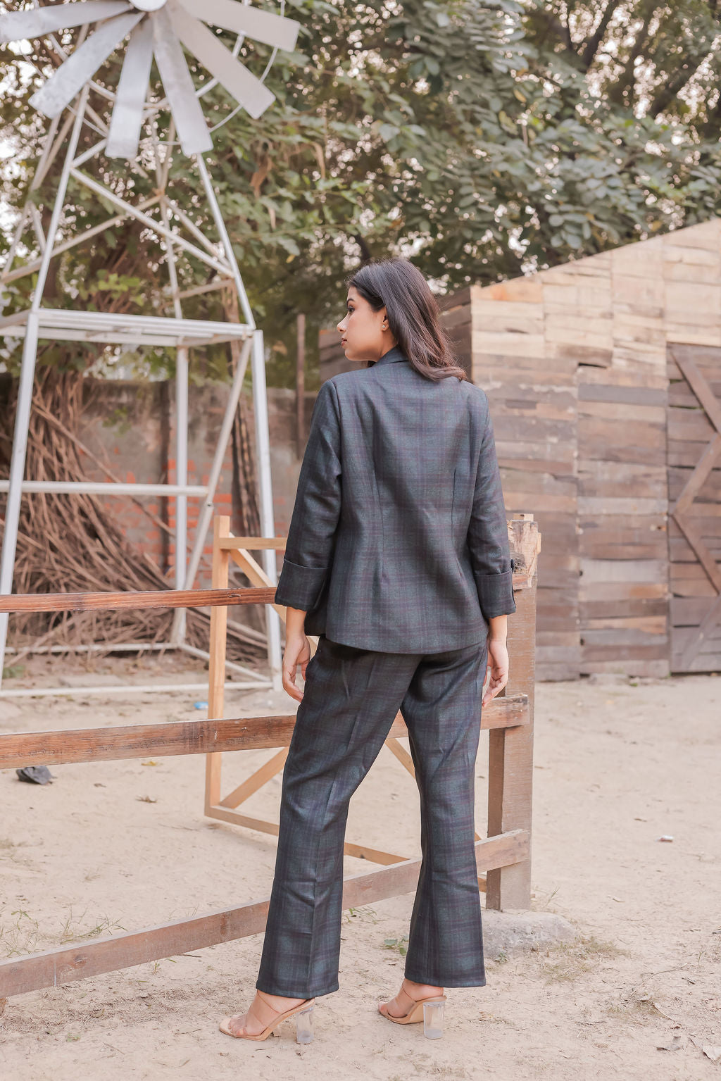 Green & Blue tweed pants with gold buttons detailing ESWPA0022-GRNGB