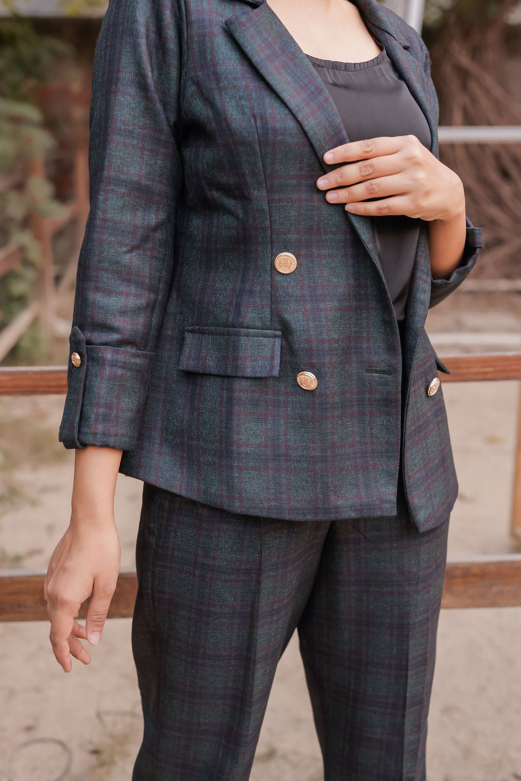 Green & Blue tweed pants with gold buttons detailing ESWPA0022-GRNGB