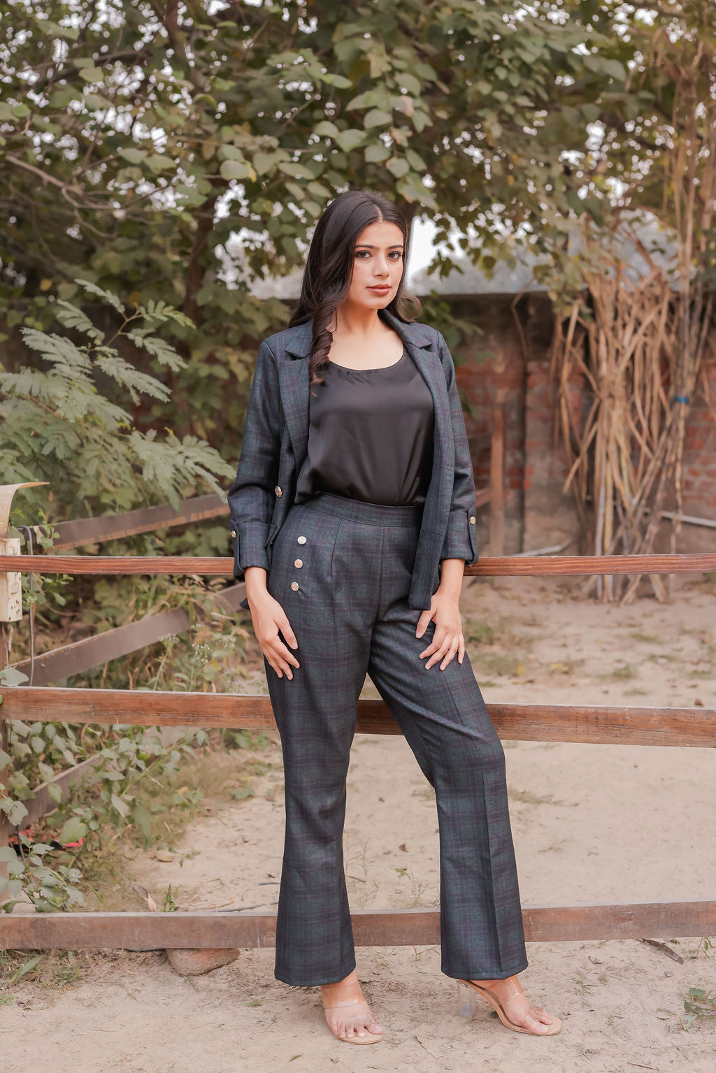 Green & Blue tweed pants with gold buttons detailing ESWPA0022-GRNGB