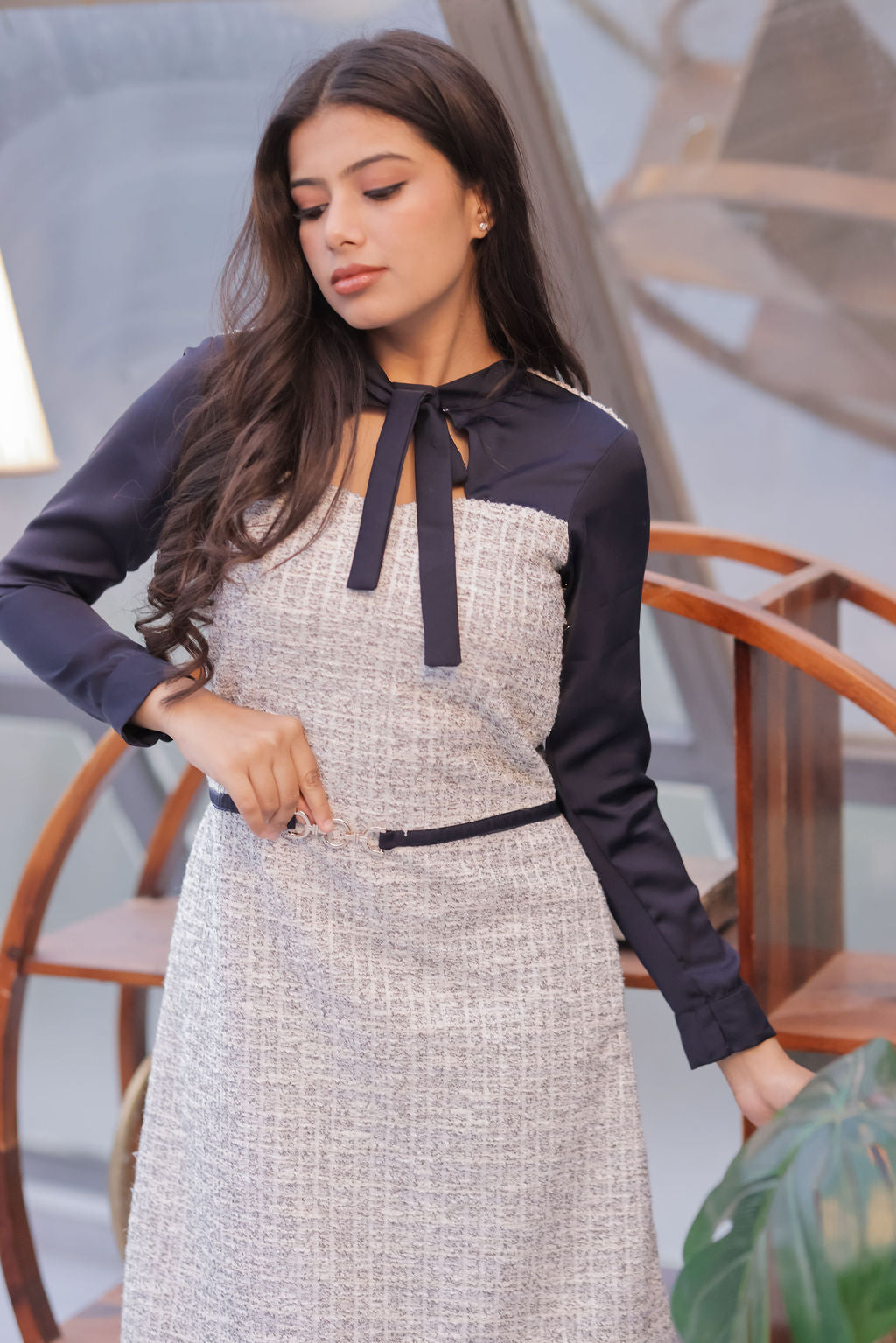 Grey & Black tweed dress with dark blue sleeves detailing ESWDR0025-GRYBL