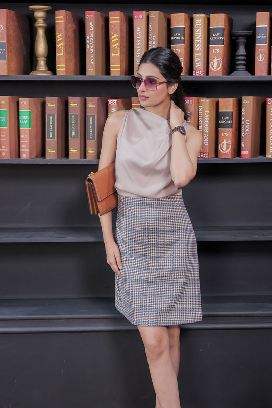 cream and Houndstooth print dress with gold applique-esseneur