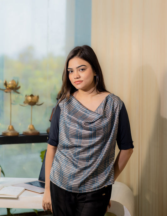handstooth print cowl neck blue top with quarter sleeves- esseneur.