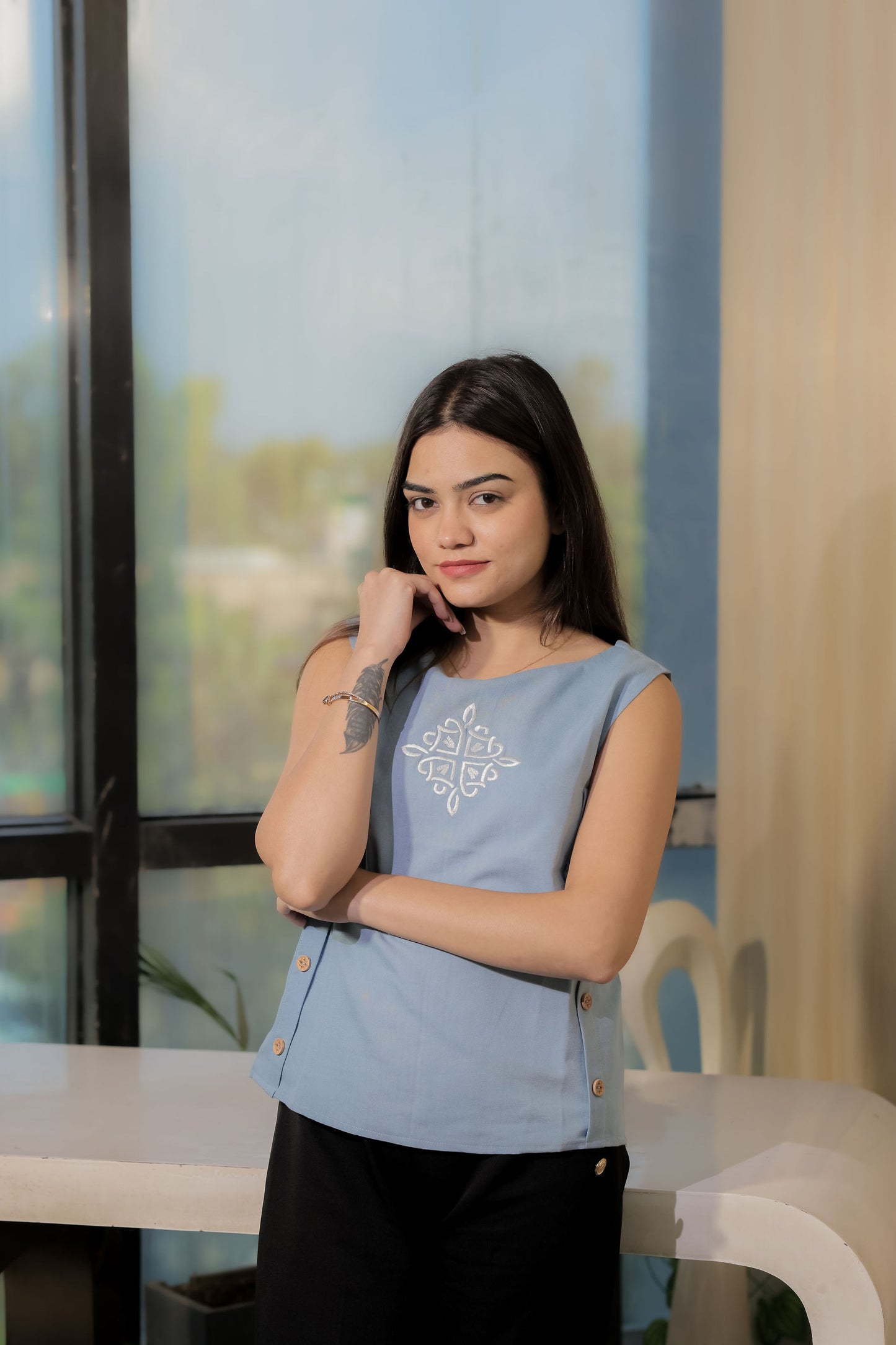 Light blue boxy top with white embroidery EWTP0094-BLUEB