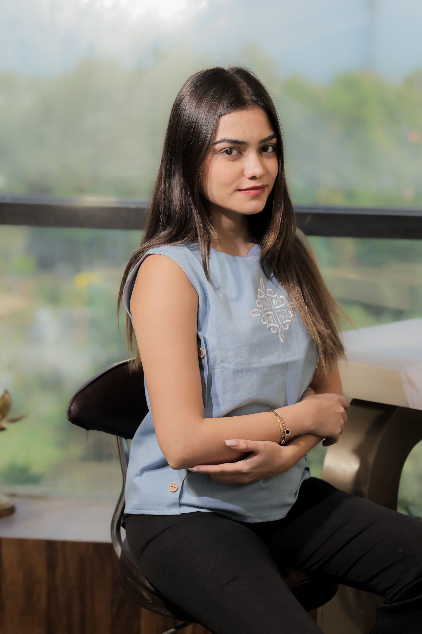 Light blue boxy top with white embroidery EWTP0094-BLUEB