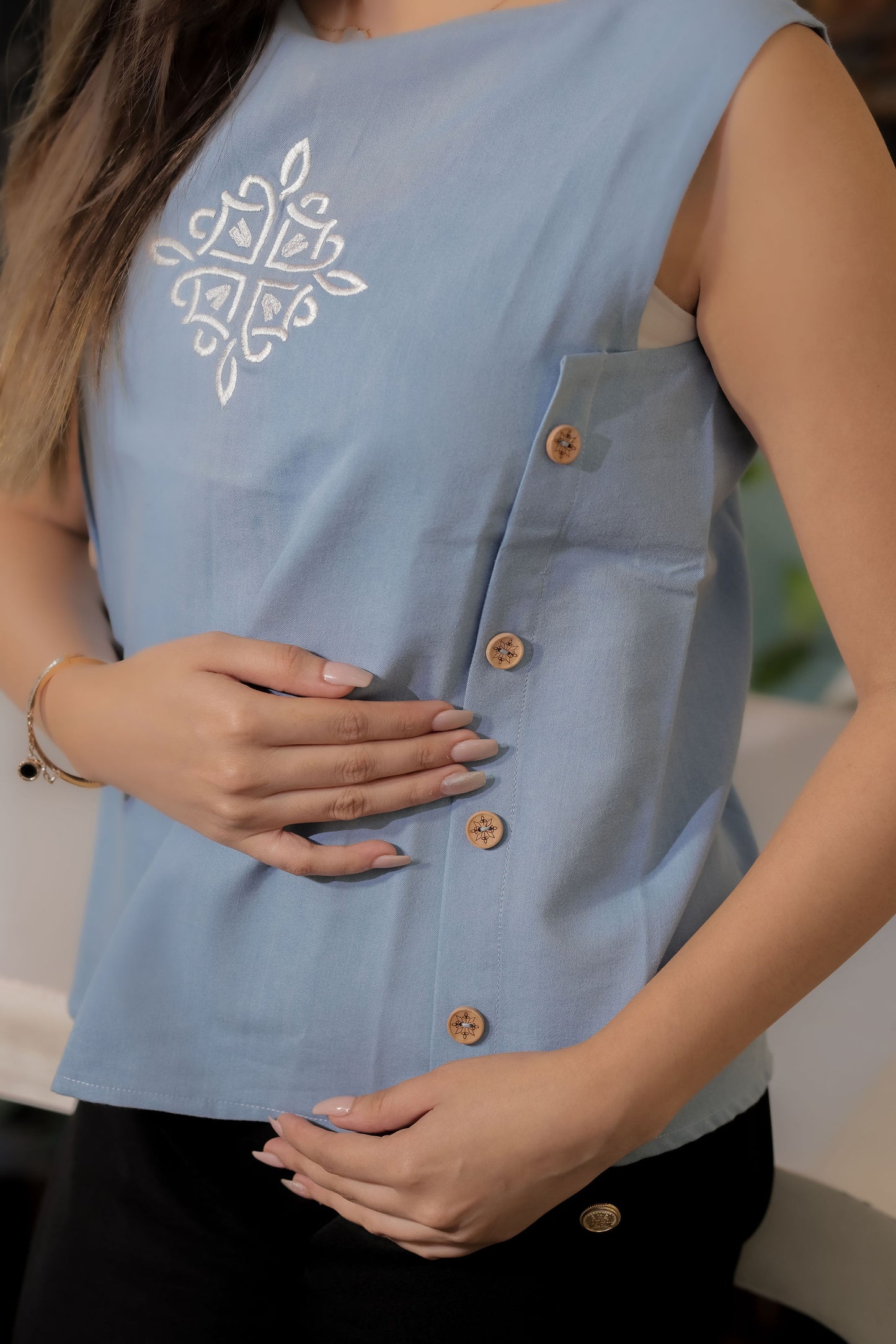 Light blue boxy top with white embroidery EWTP0094-BLUEB