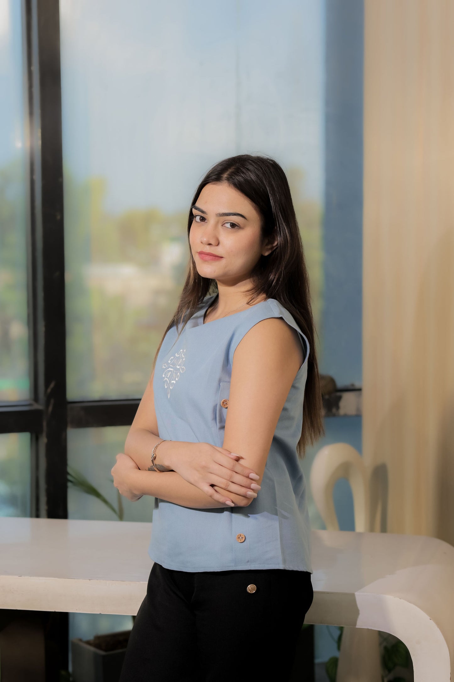 Light blue boxy top with white embroidery EWTP0094-BLUEB