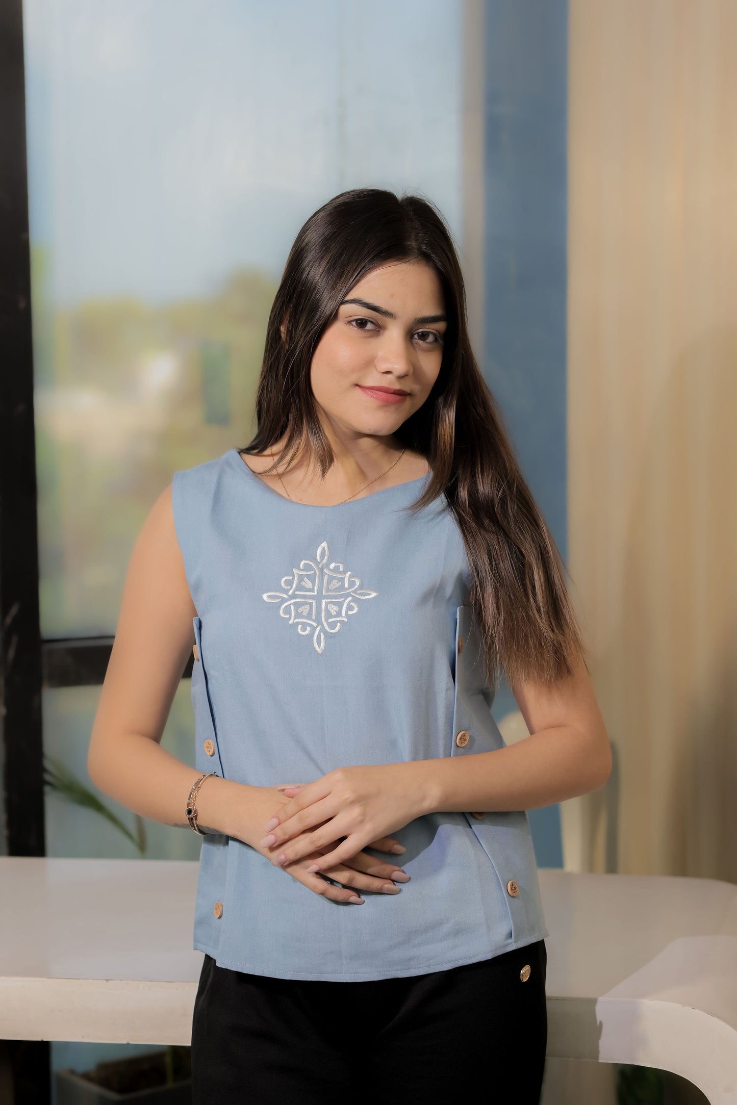 Light blue boxy top with white embroidery EWTP0094-BLUEB