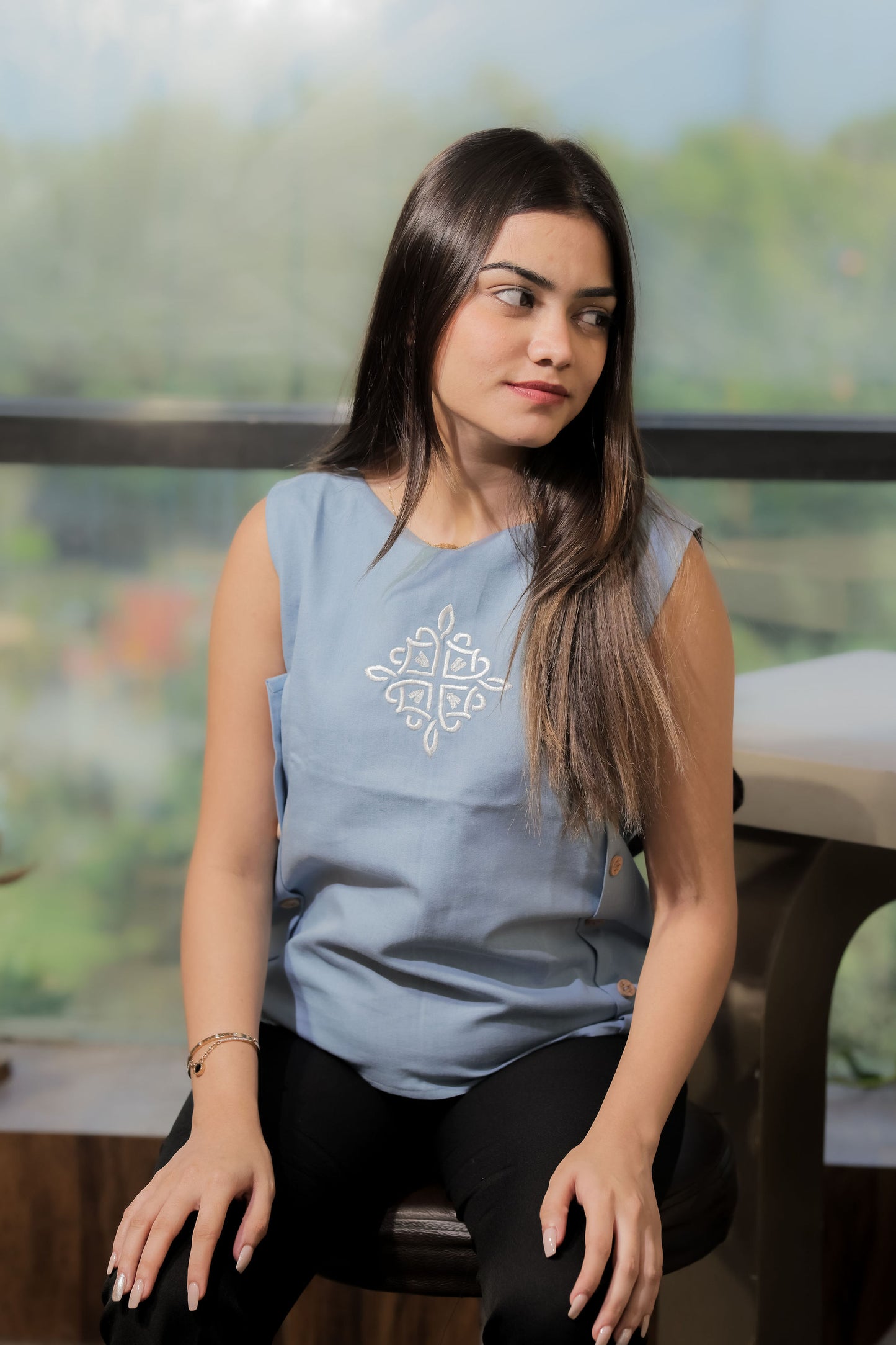 Light blue boxy top with white embroidery EWTP0094-BLUEB