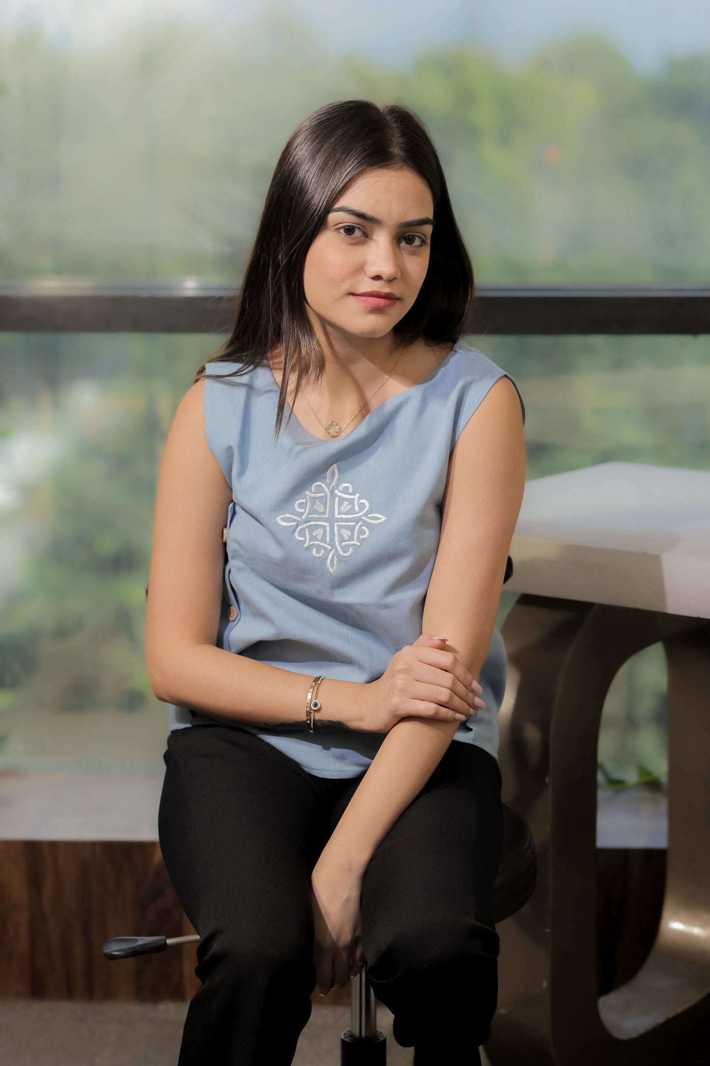Light blue boxy top with white embroidery EWTP0094-BLUEB
