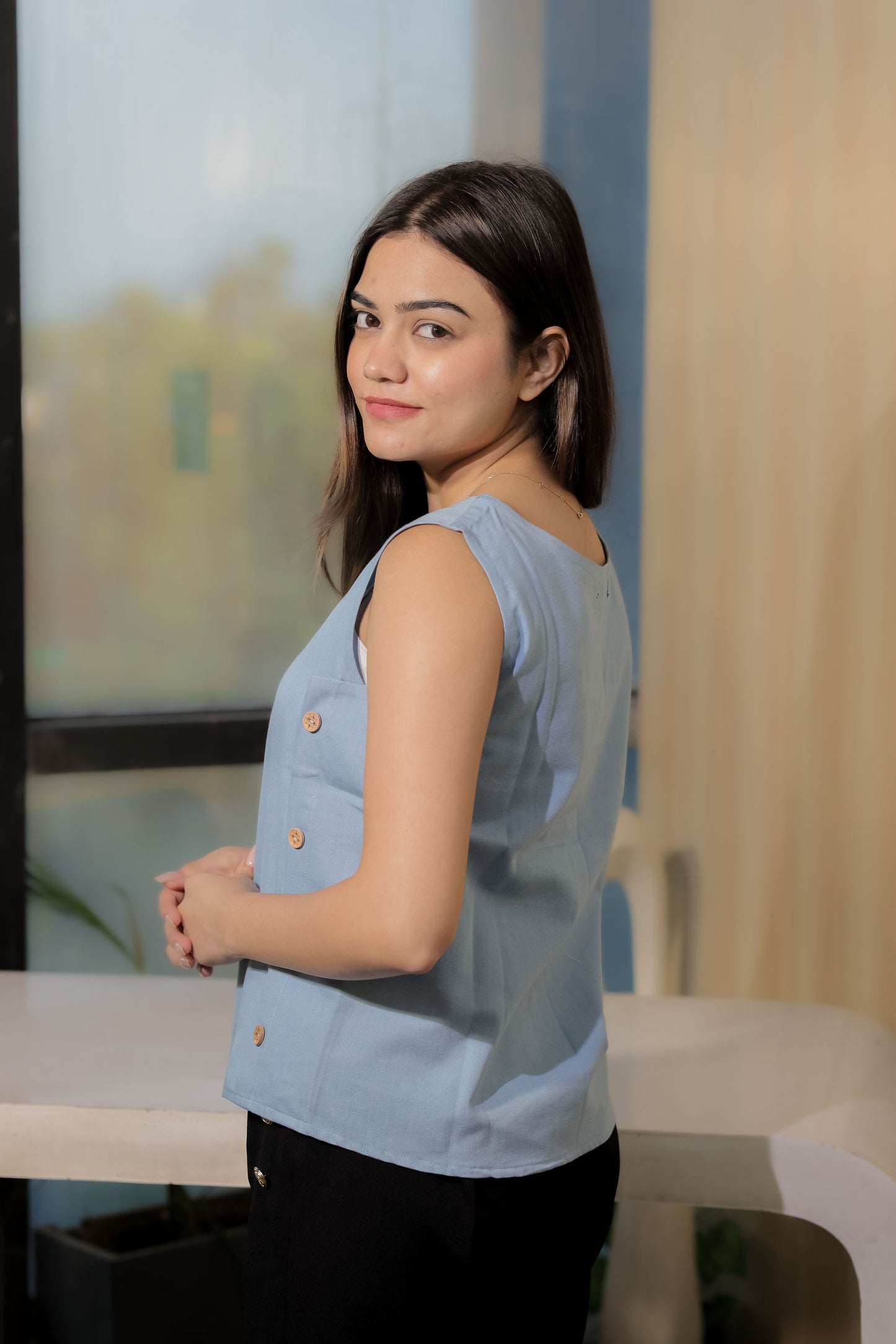 Light blue boxy top with white embroidery EWTP0094-BLUEB