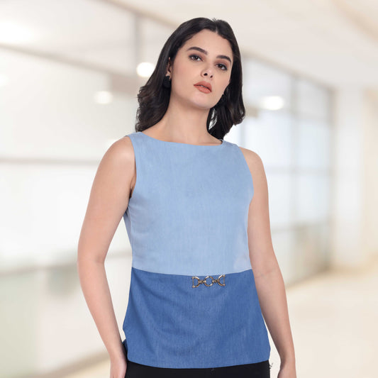 Two colour blue denim top with gold applique without sleeves EWTP0029-BLUTC