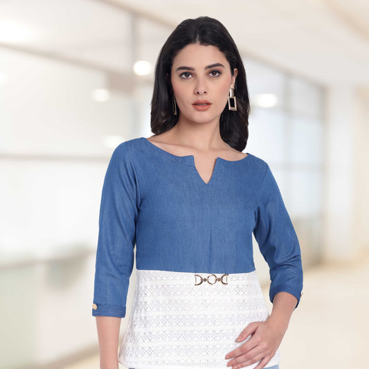 Blue denim top and white crotia cowl top with sleeves EWTP0030-BLUTC