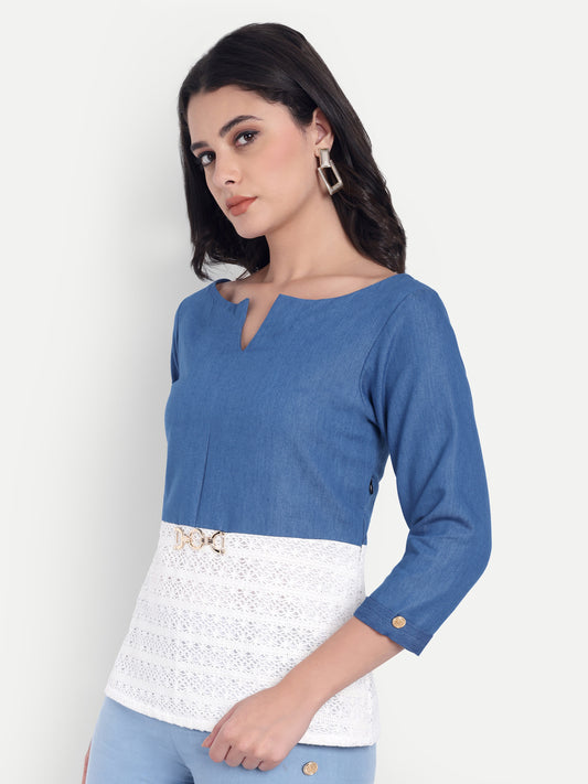 Blue denim top and white crotia cowl top with sleeves EWTP0030-BLUTC