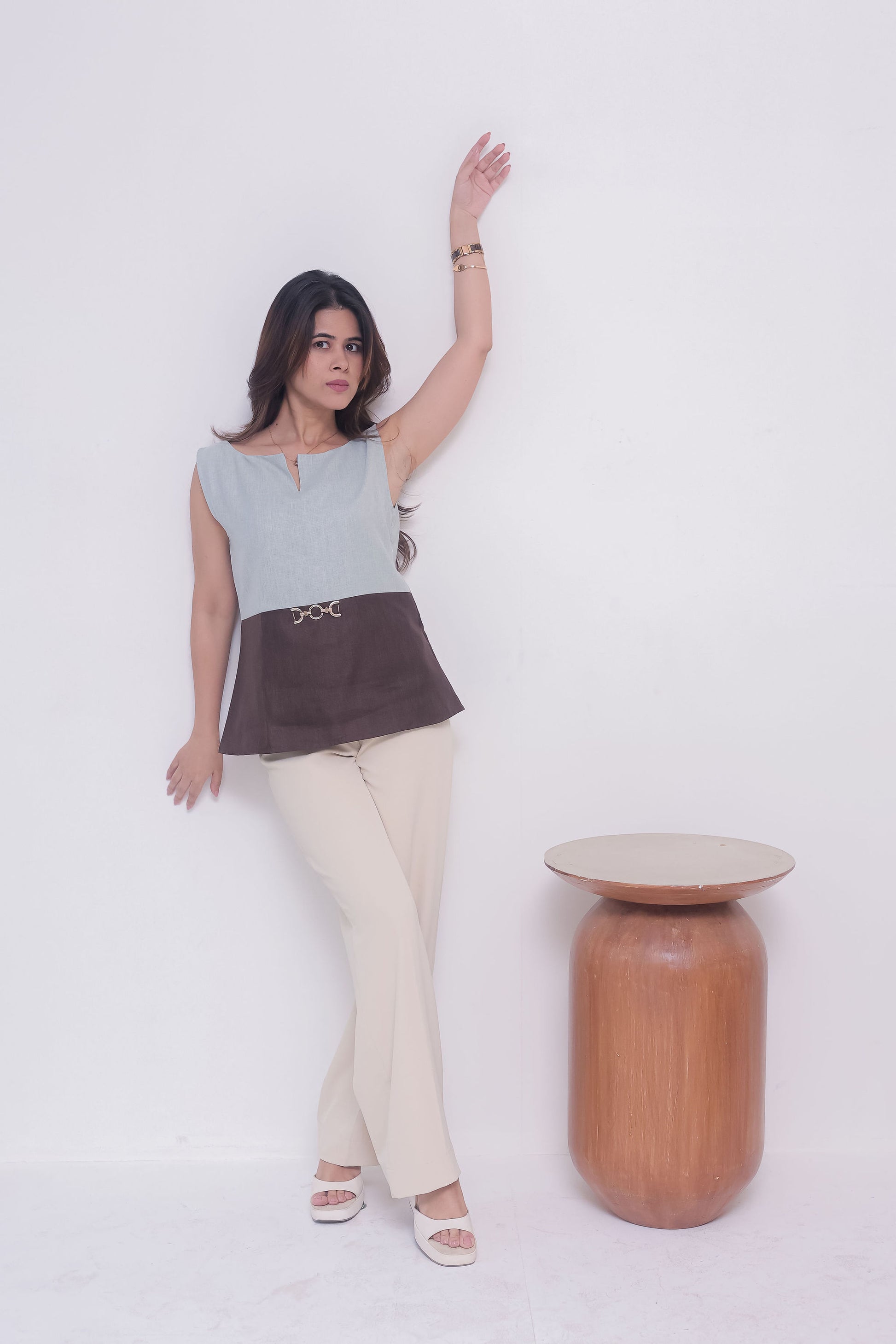 Brown and green sleeveless top with gold applique - esseneur.
