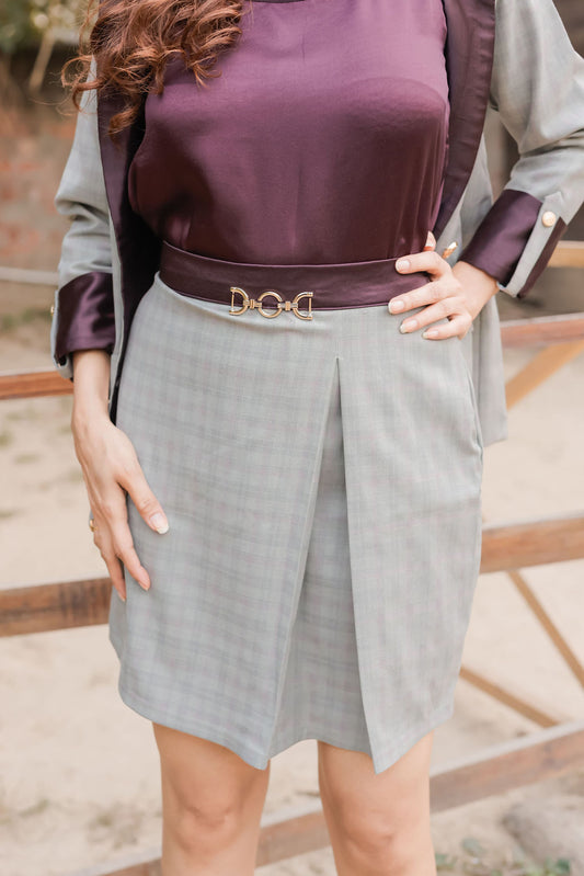 Light greenish grey check coat with wine satin detailing and gold buttons & Skirt Co ord set EWCO0040-GRNSK