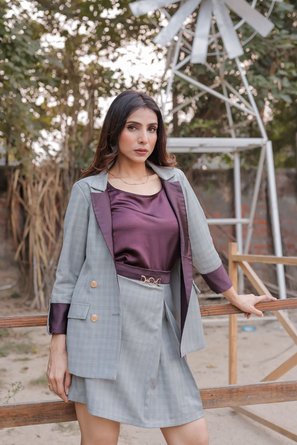 Light greenish grey check coat with wine satin detailing and gold buttons & Skirt Co ord set EWCO0040-GRNSK