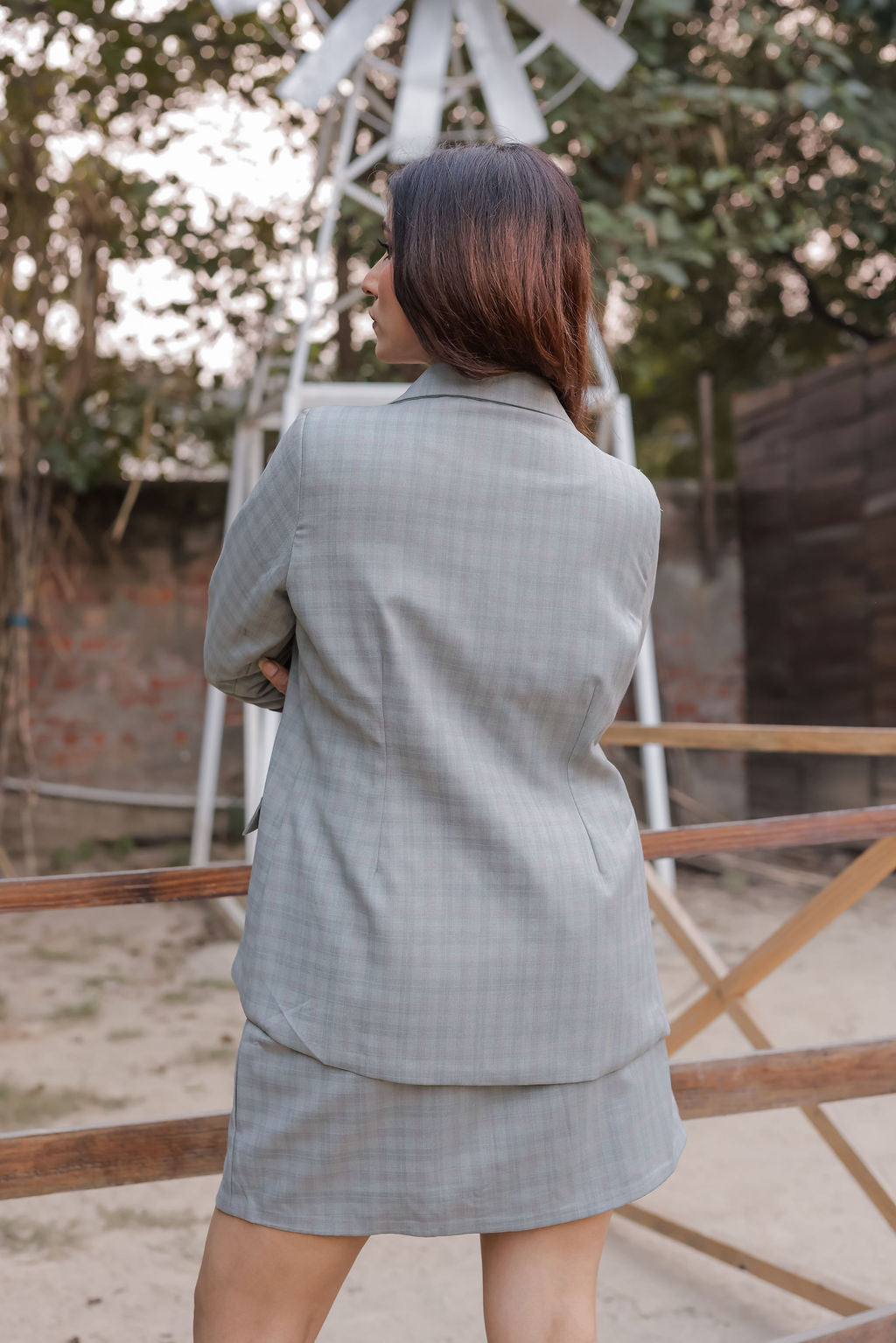 Light greenish grey check coat with wine satin detailing and gold buttons & Skirt Co ord set EWCO0040-GRNSK