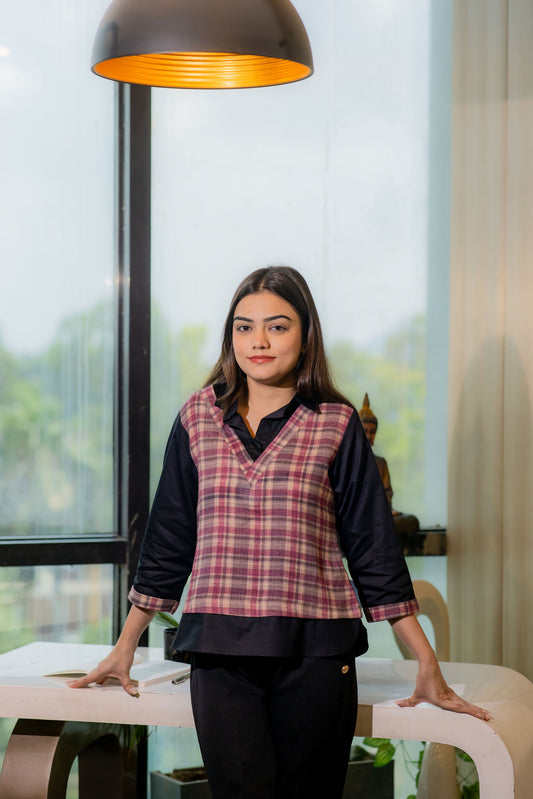 maroon check print shirt style top with quarter sleeves- esseneur.