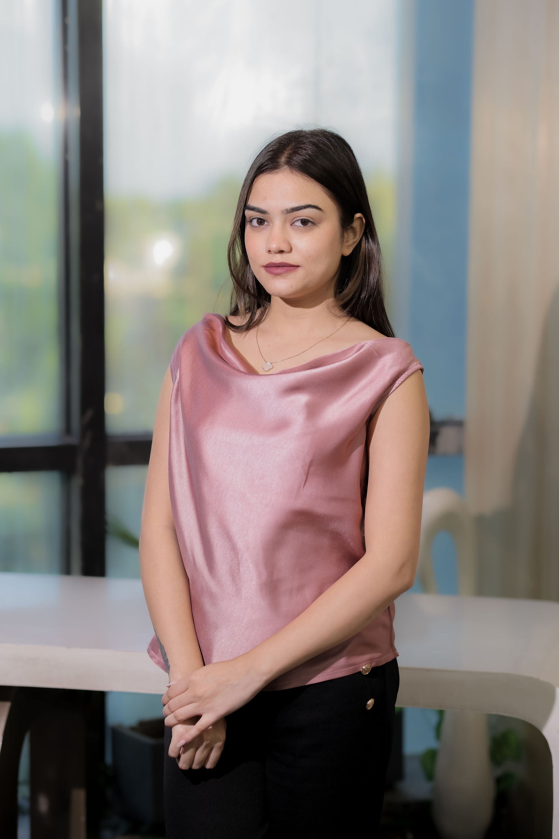 Mauve cowl neck sleevelss top- esseneur.