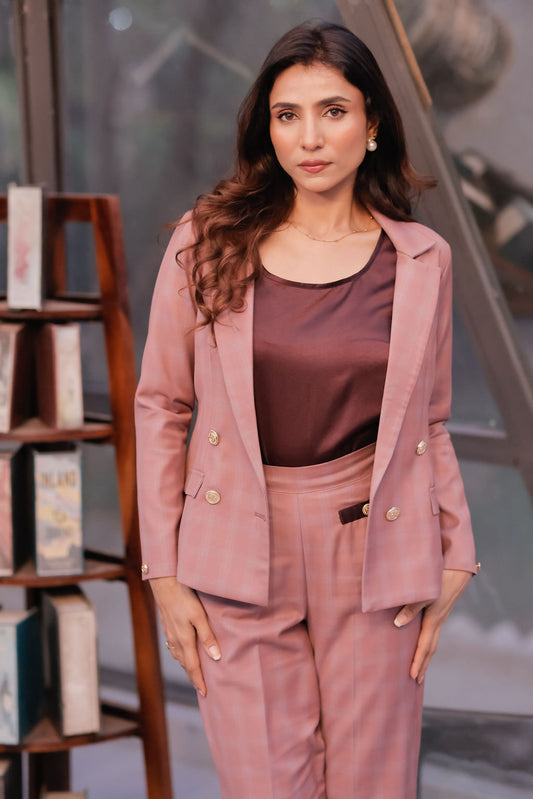 Mauve check coat with gold buttons detailing  WCT0013-MAUGB