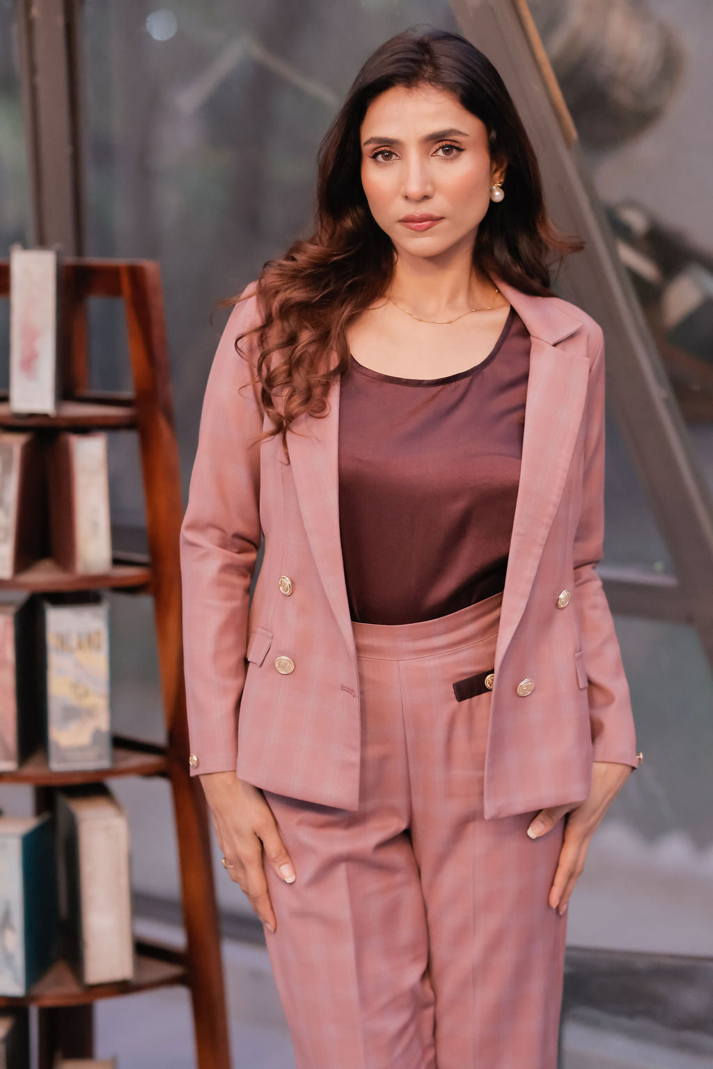 Mauve check coat with gold buttons detailing & Pants Co ord set EWCO0038-MAUPT