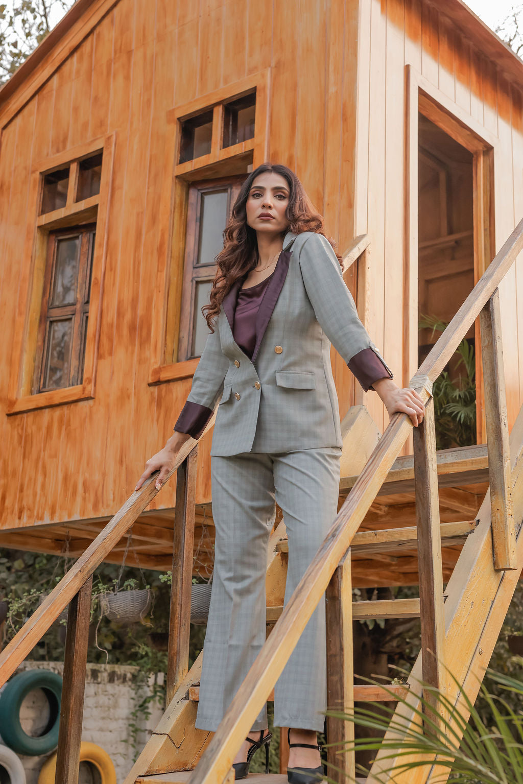 Light green check coat with wine satin detailing and gold buttons EWCT0015-GRNGB