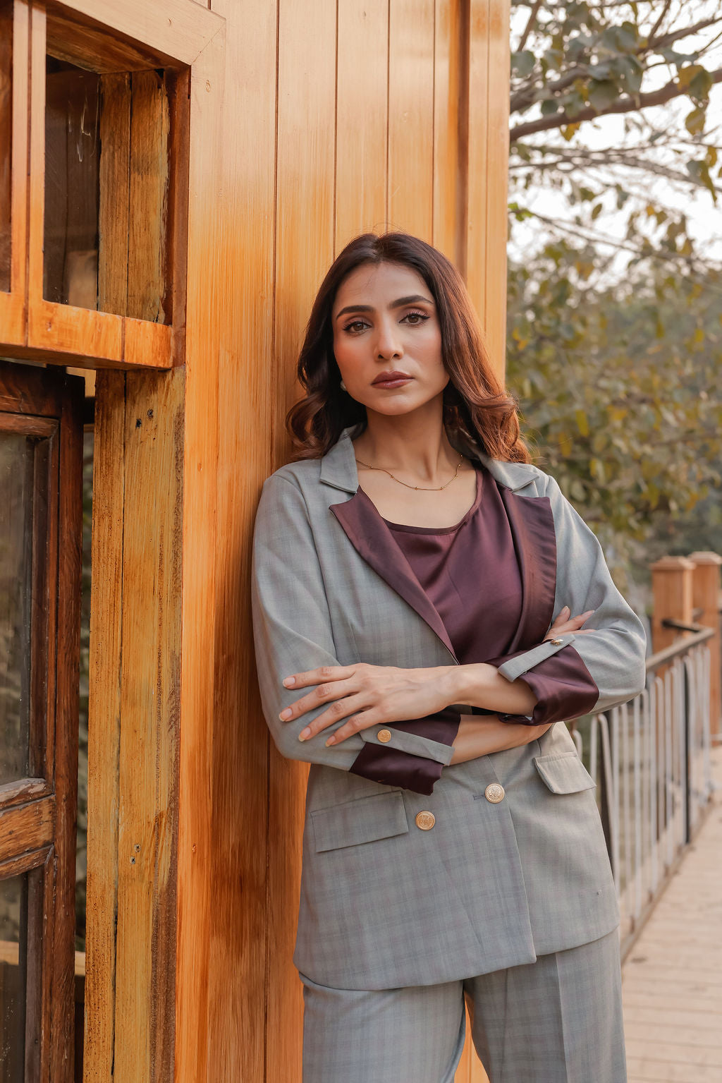 Light greenish grey check coat with wine satin detailing and gold buttons & Pants Co ord set EWCO0040-GRNPT