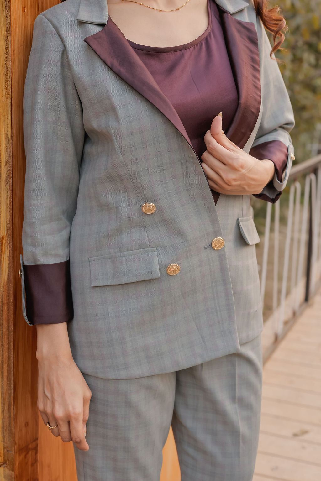 Light greenish grey check coat with wine satin detailing and gold buttons & Pants Co ord set EWCO0040-GRNPT