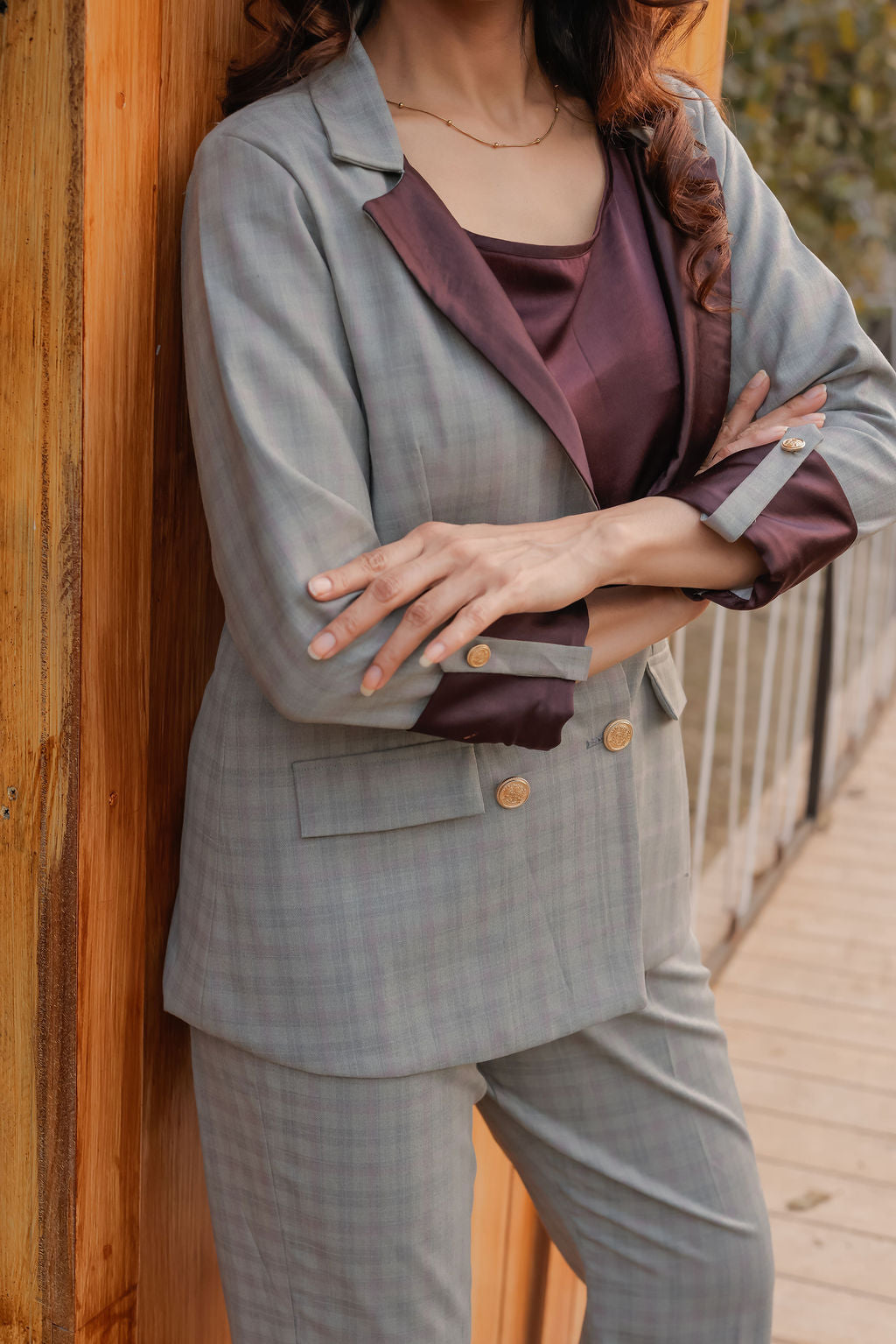 Light green check coat with wine satin detailing and gold buttons EWCT0015-GRNGB