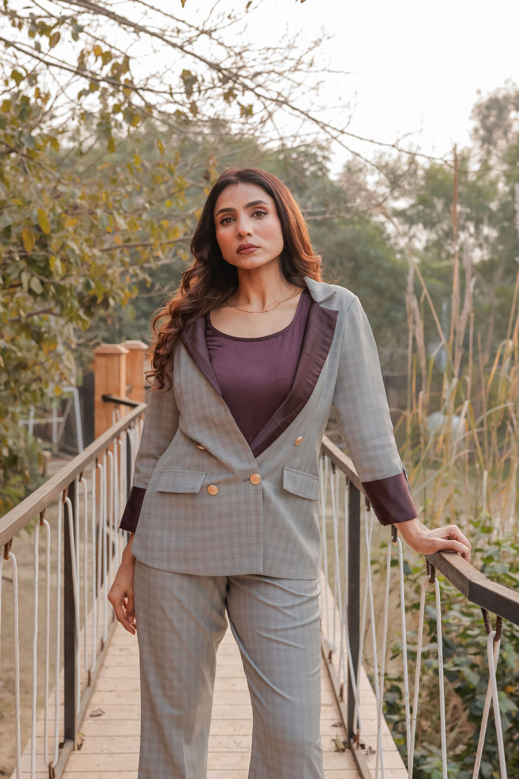 Light green check coat with wine satin detailing and gold buttons EWCT0015-GRNGB