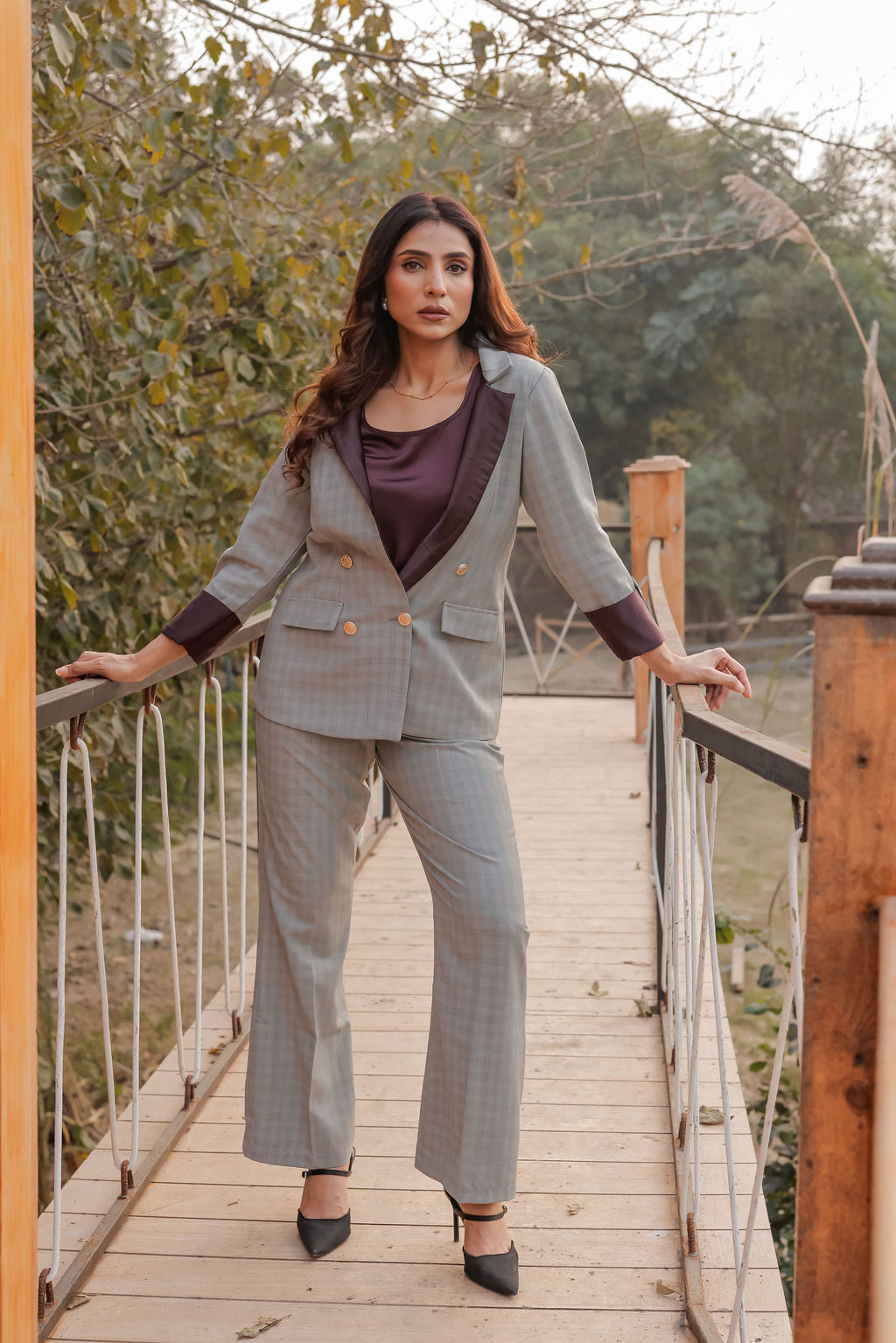 Light green check coat with wine satin detailing and gold buttons EWCT0015-GRNGB