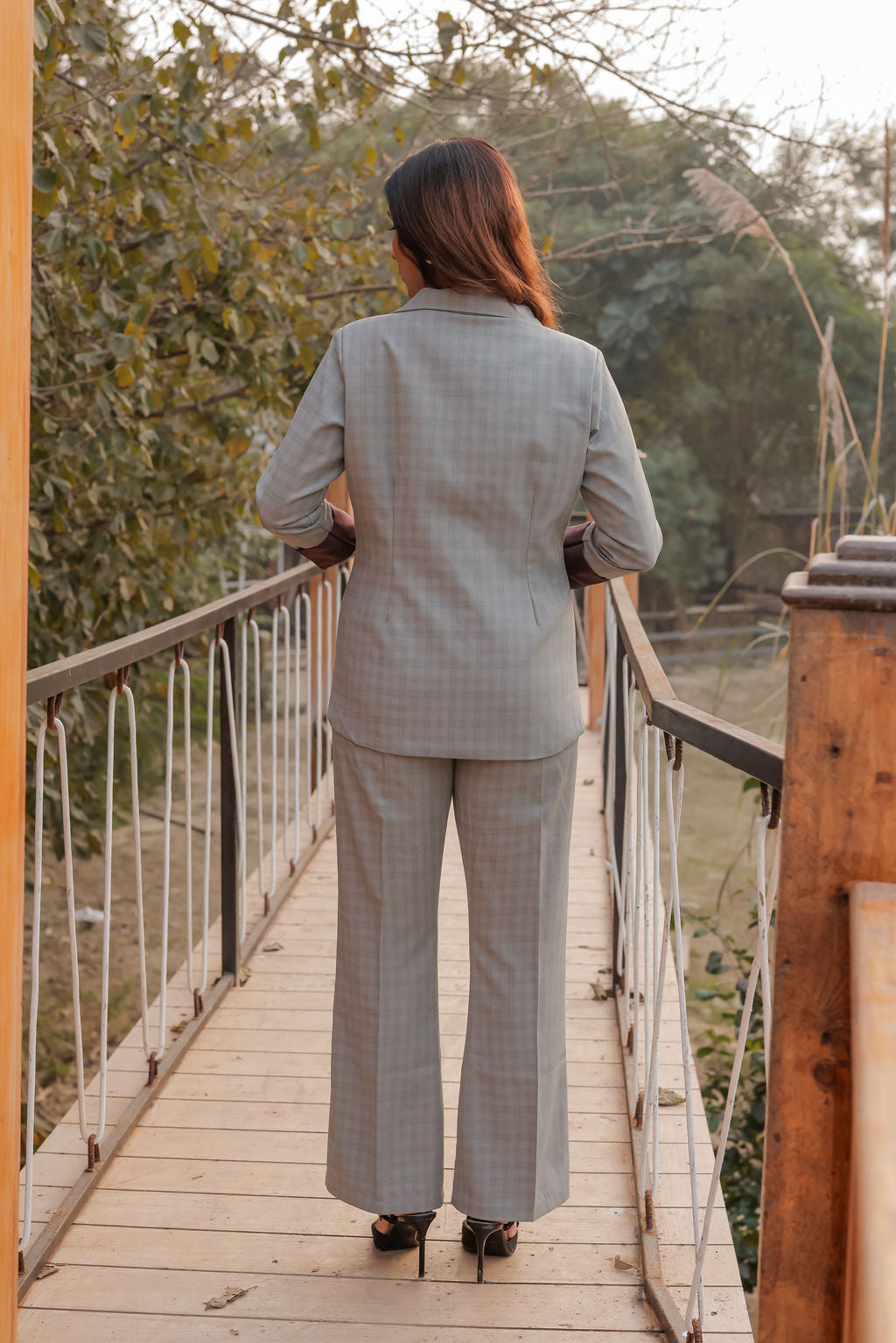 Light greenish grey check coat with wine satin detailing and gold buttons & Pants Co ord set EWCO0040-GRNPT